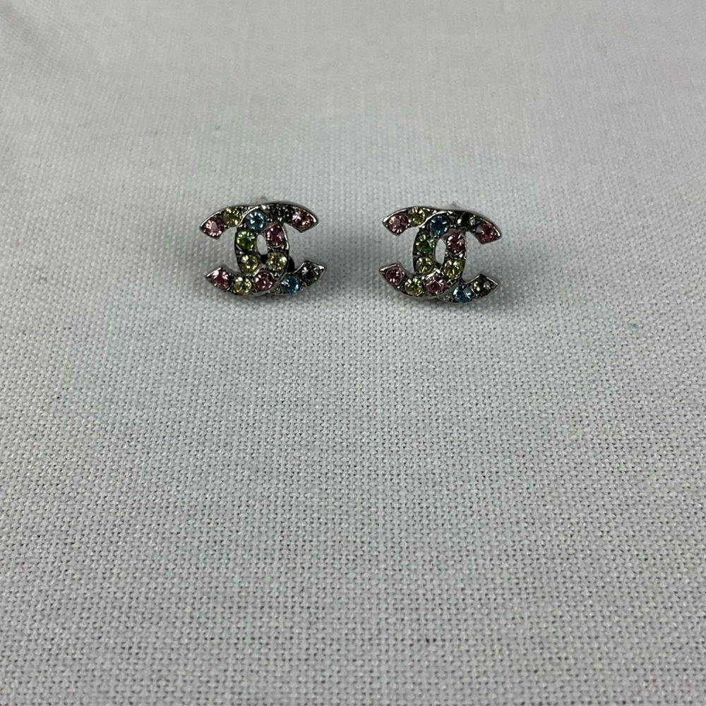 CHANEL Pink and Green Crystal Earrings